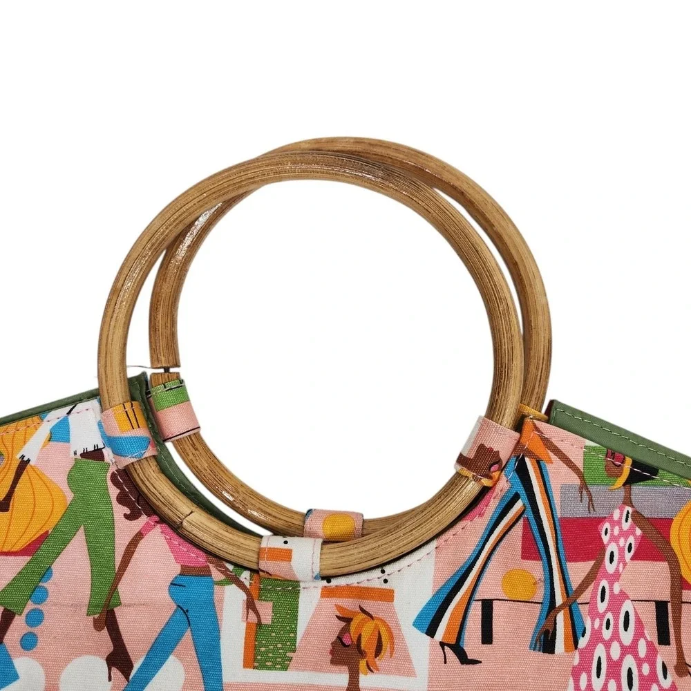 NEIMAN‎ MARCUS Tote Bag Womens Large Pink Canvas Bamboo Handle Cartoon People